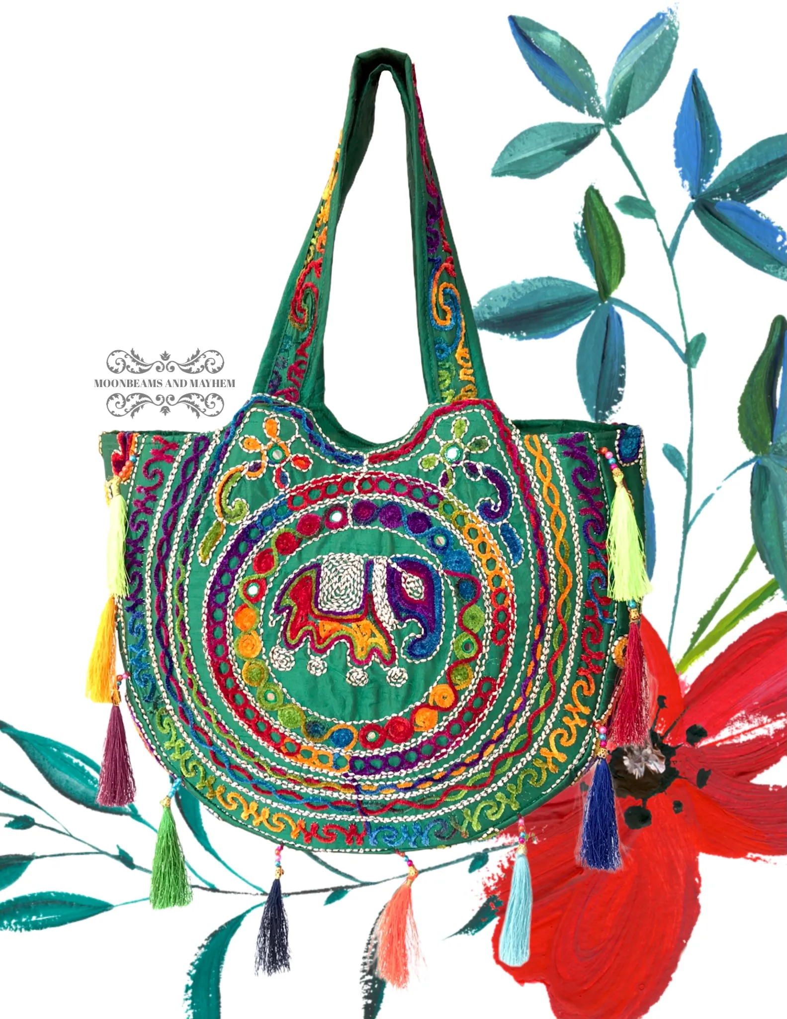 ENCHANTING GREEN 'SHAMBALA' TASSELED TOTE / BAG