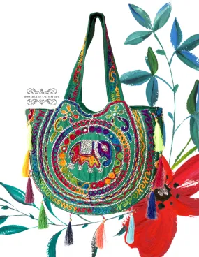 ENCHANTING GREEN 'SHAMBALA' TASSELED TOTE / BAG