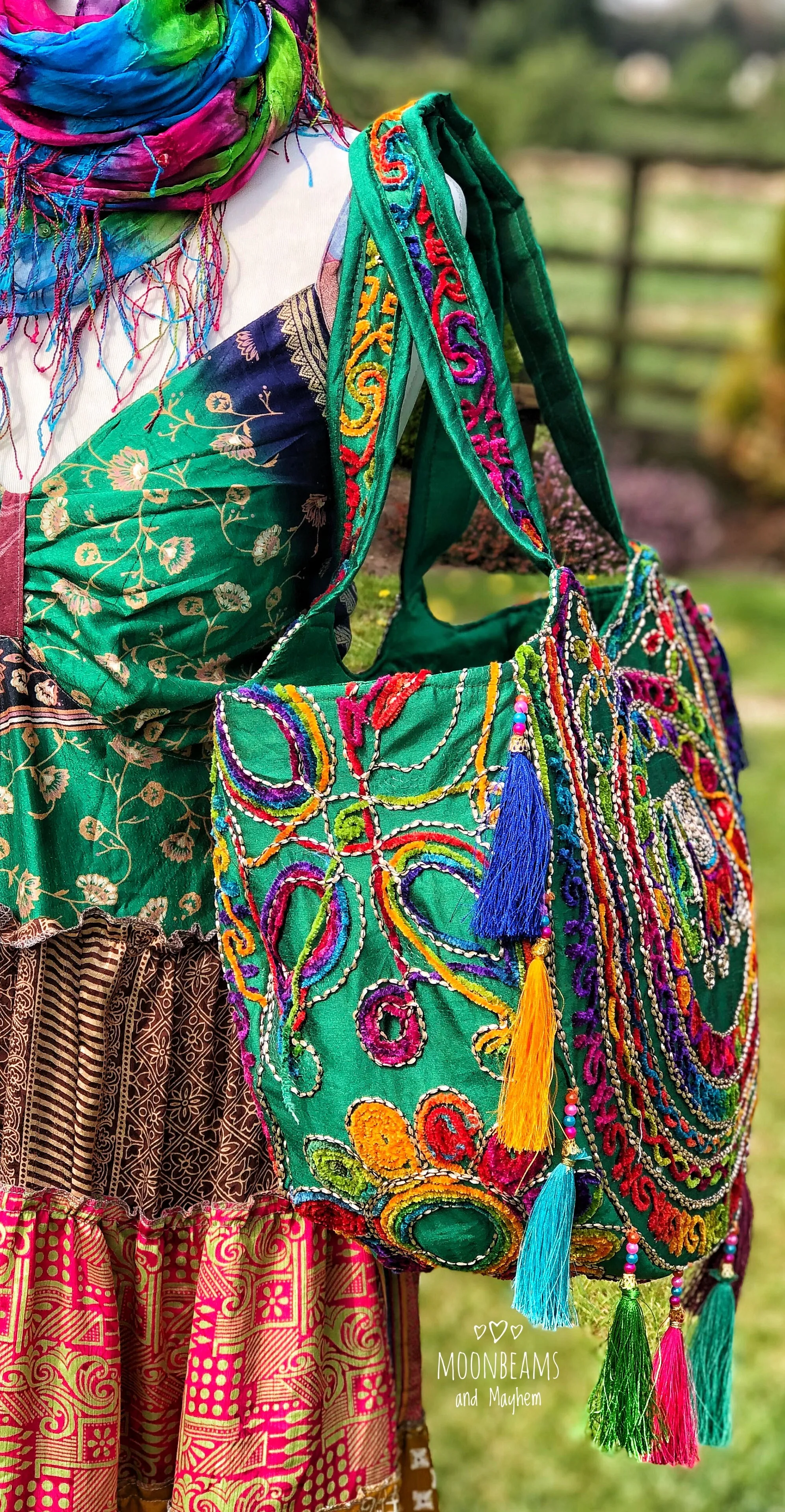 ENCHANTING GREEN 'SHAMBALA' TASSELED TOTE / BAG