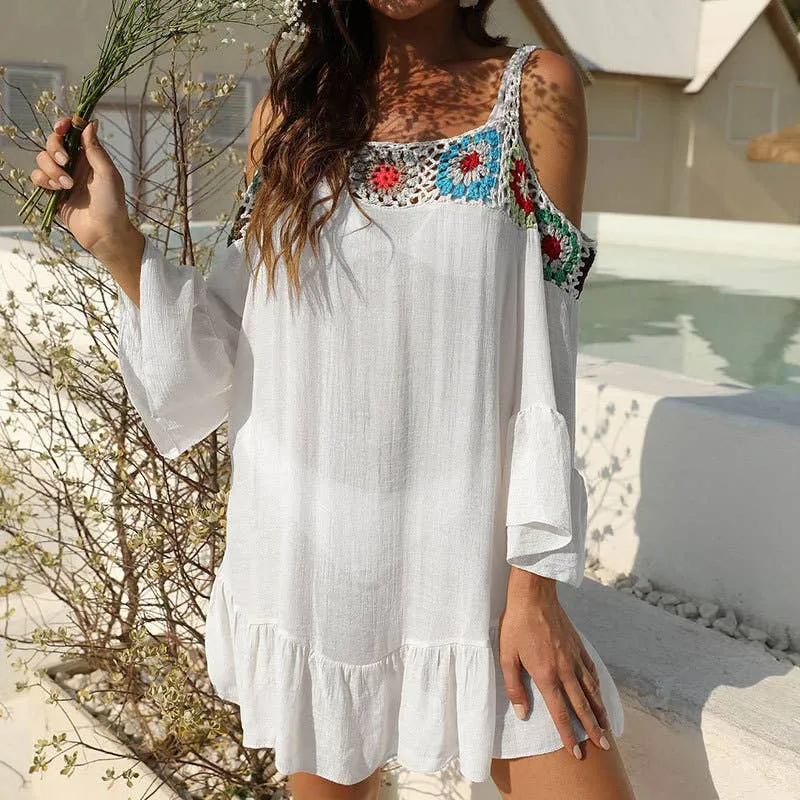 Ethnic Off-The-Shoulder Suspender Beach Smock