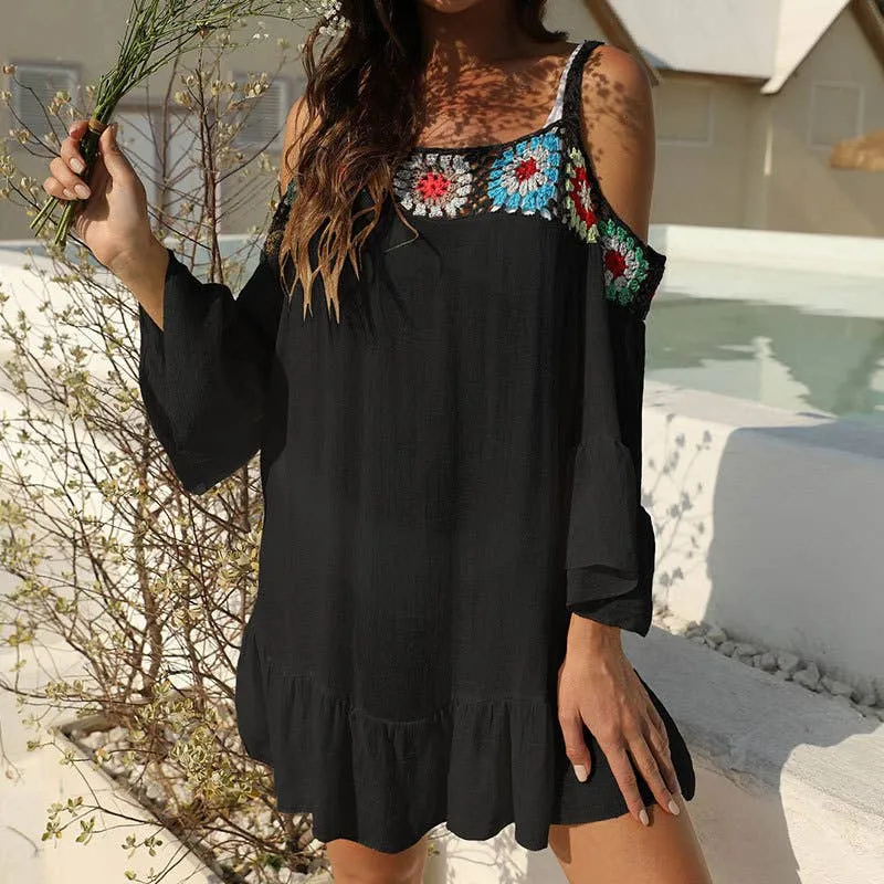 Ethnic Off-The-Shoulder Suspender Beach Smock