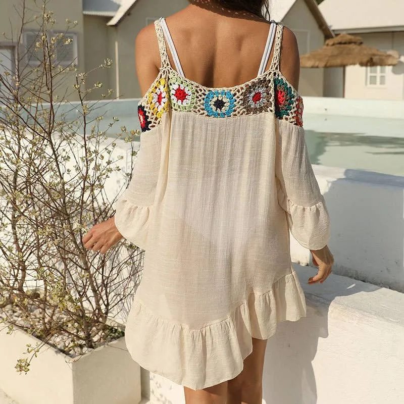 Ethnic Off-The-Shoulder Suspender Beach Smock