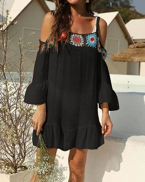 Ethnic Off-The-Shoulder Suspender Beach Smock