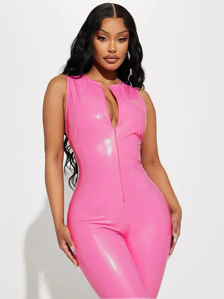 Faux Leather Backless Jumpsuit Elastic PVC Vinyl