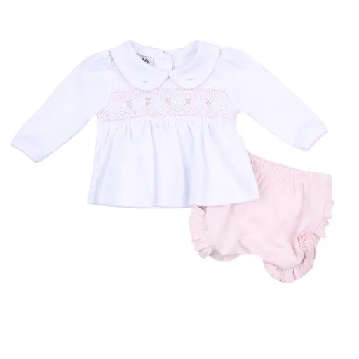 Fiona Phillip Smock Collared Ruffle Long Sleeve Diaper Cover Set- Pink