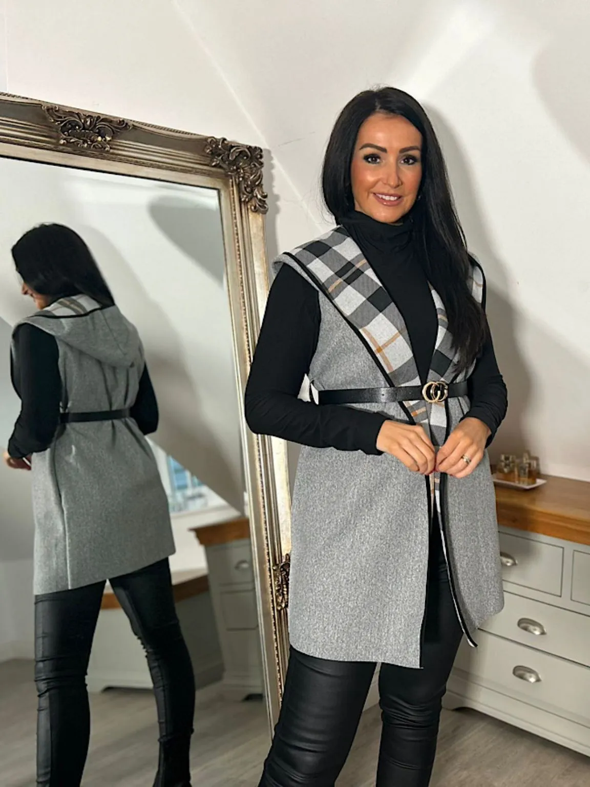 Grey Checked Hooded Gilet Gem