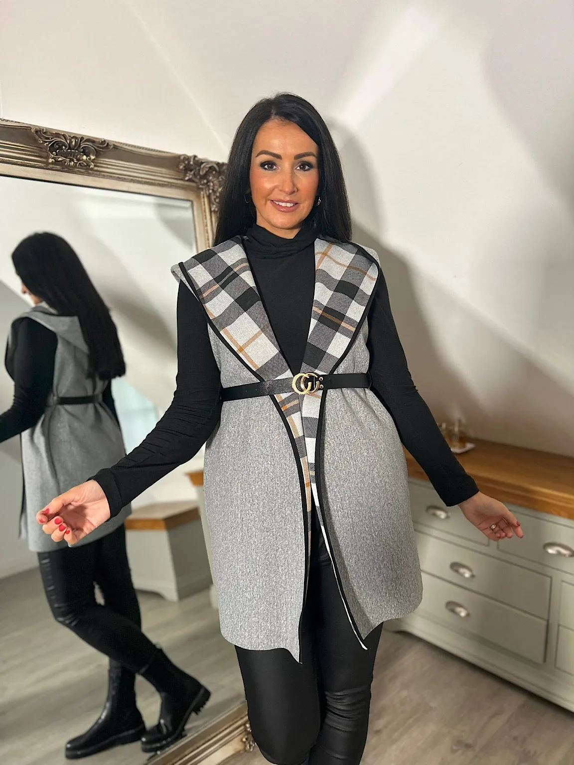 Grey Checked Hooded Gilet Gem