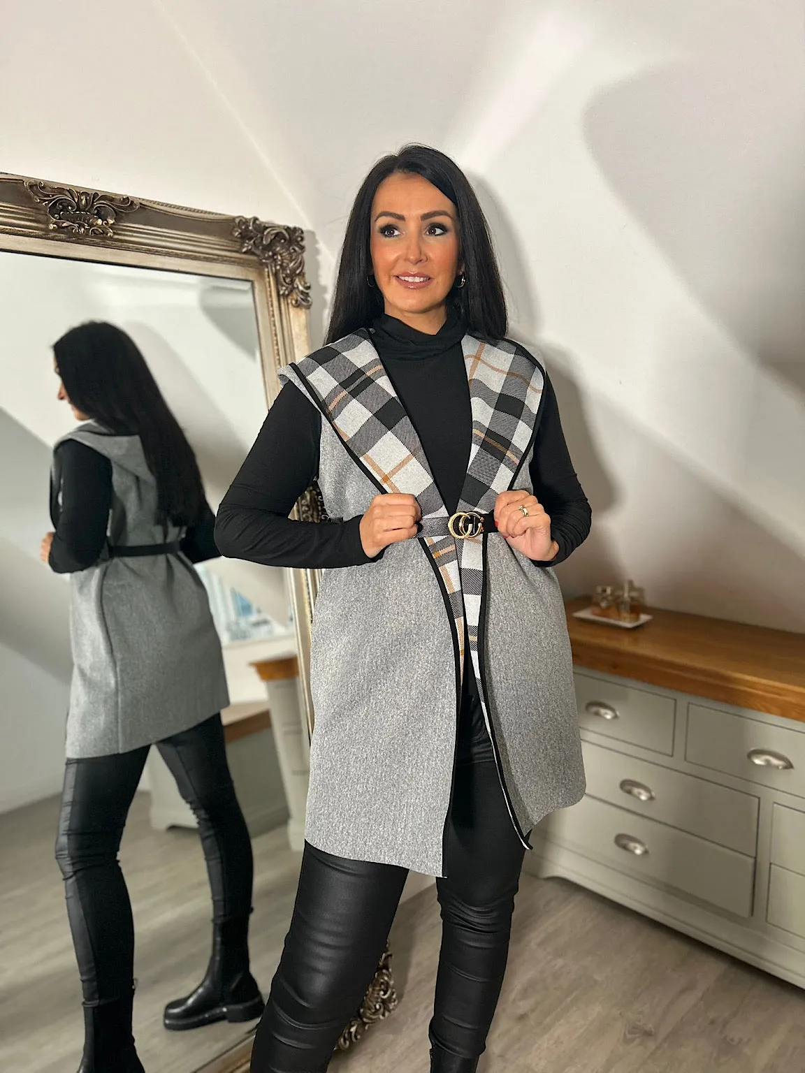 Grey Checked Hooded Gilet Gem