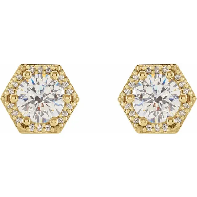 Hexagon Halo Round Moissanite & Diamond 6 Prong Earrings