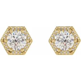 Hexagon Halo Round Moissanite & Diamond 6 Prong Earrings