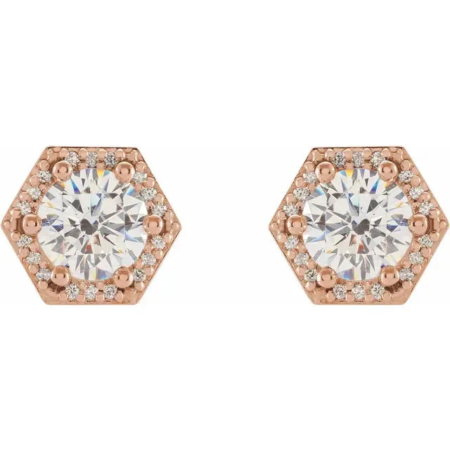 Hexagon Halo Round Moissanite & Diamond 6 Prong Earrings