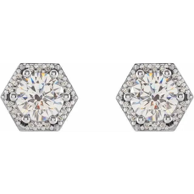 Hexagon Halo Round Moissanite & Diamond 6 Prong Earrings