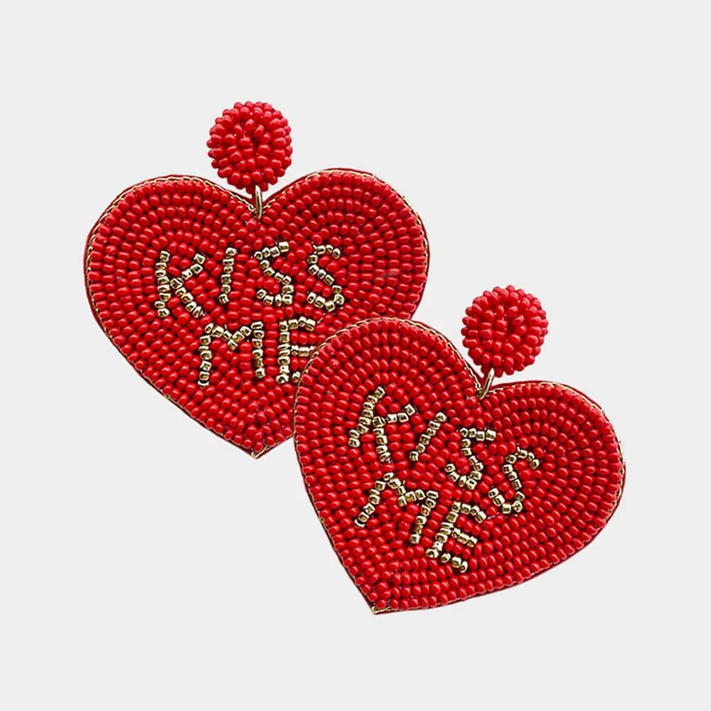 Kiss Me Seed Beaded Heart Dangle Earrings