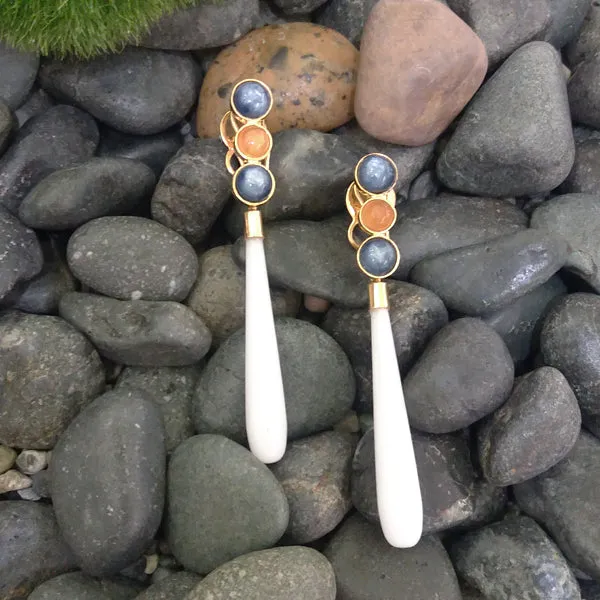 Kyanite, Carnelian, Kyanite stud with White Agate Long Drop Twinset Earrings