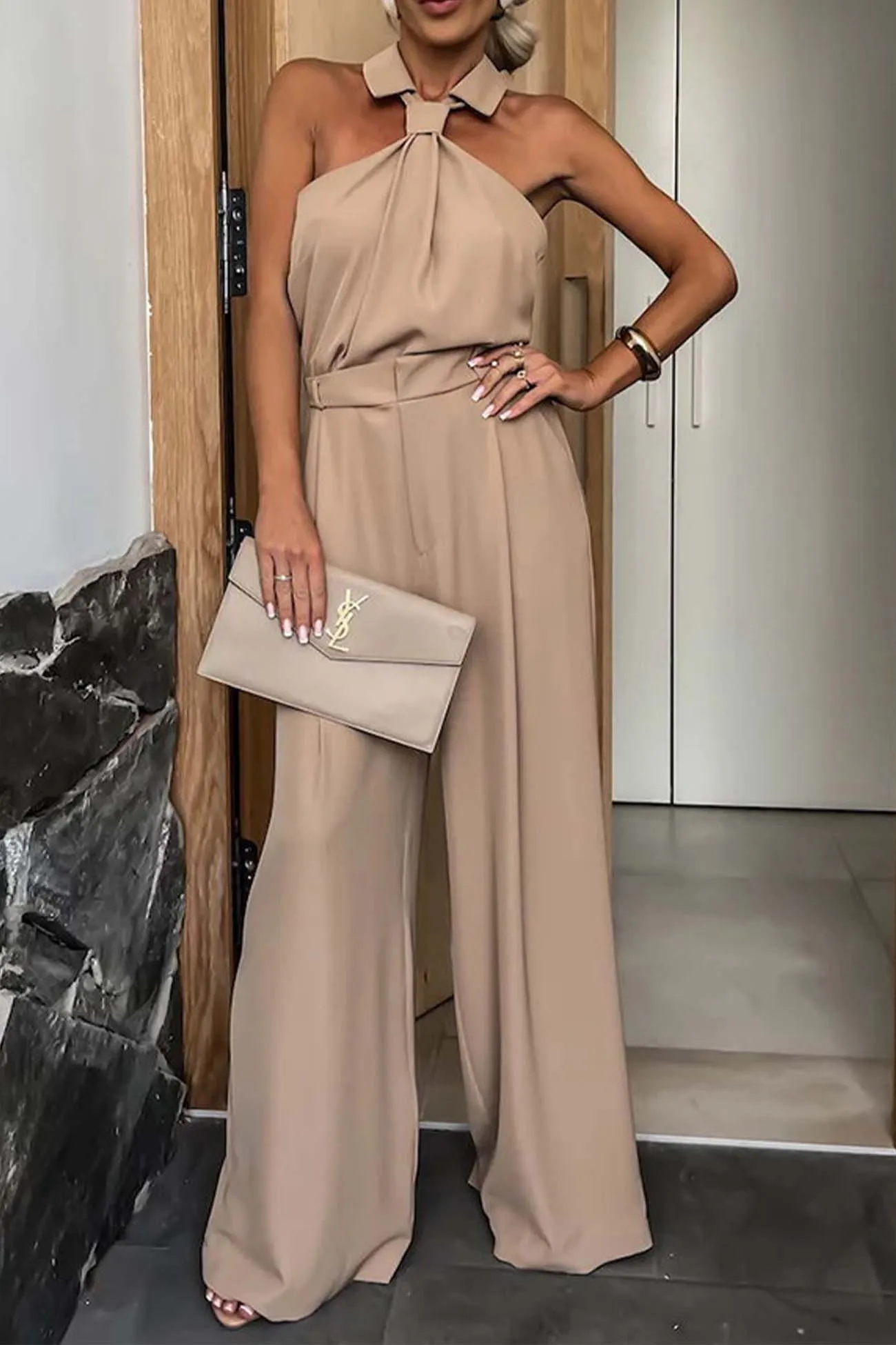 Lapel Halterneck Wide Leg Jumpsuits