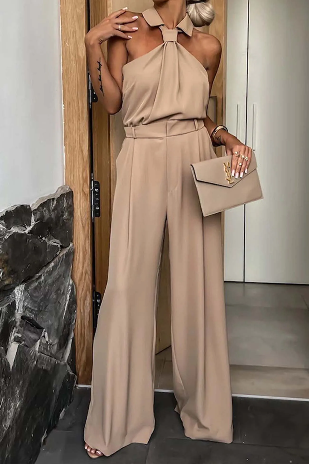 Lapel Halterneck Wide Leg Jumpsuits