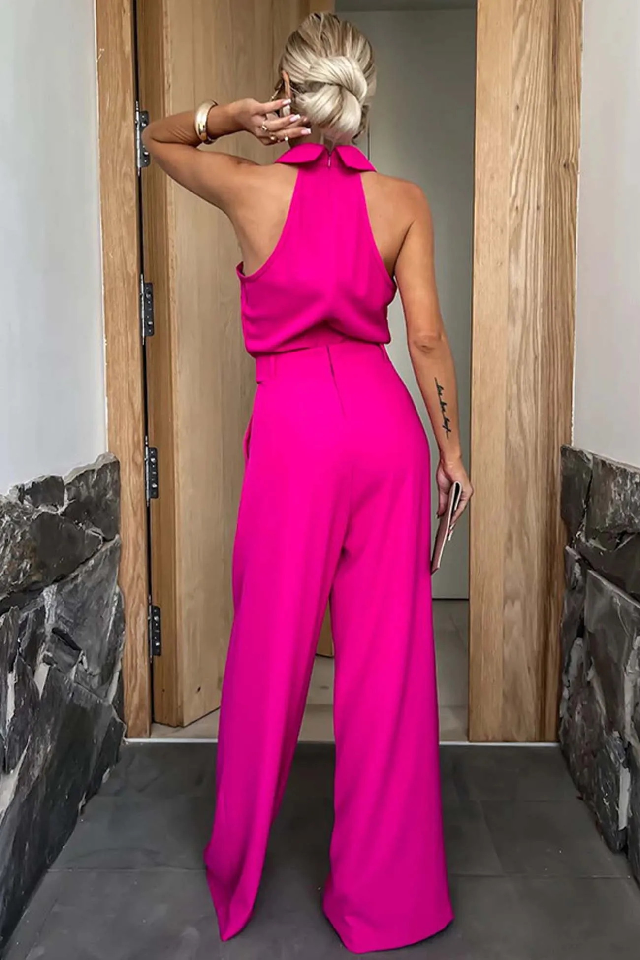 Lapel Halterneck Wide Leg Jumpsuits