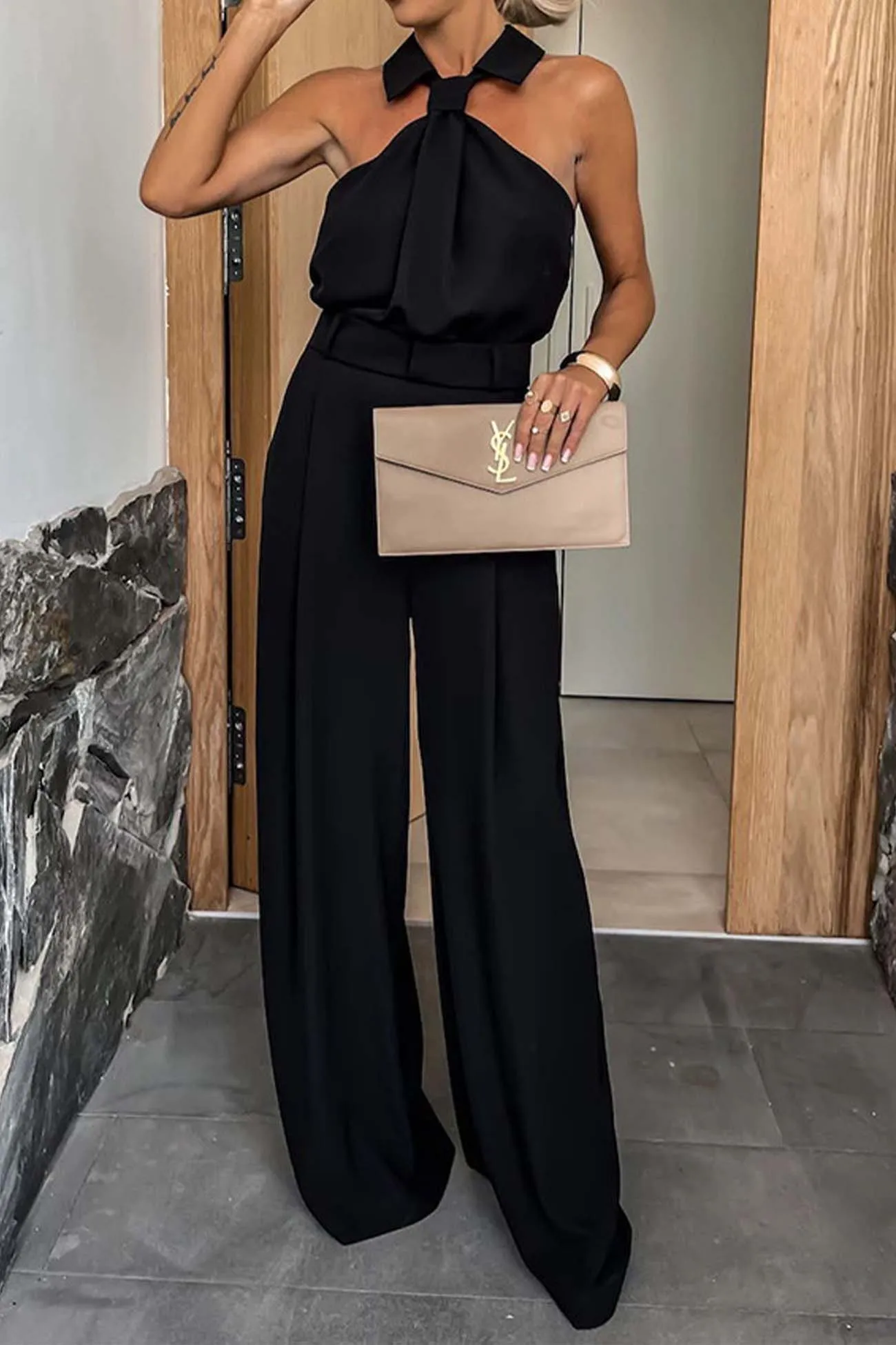 Lapel Halterneck Wide Leg Jumpsuits