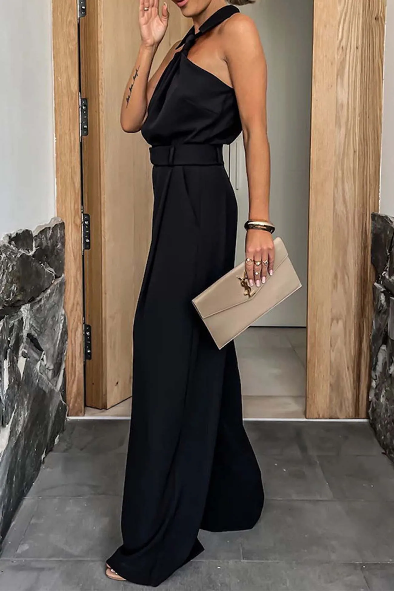 Lapel Halterneck Wide Leg Jumpsuits