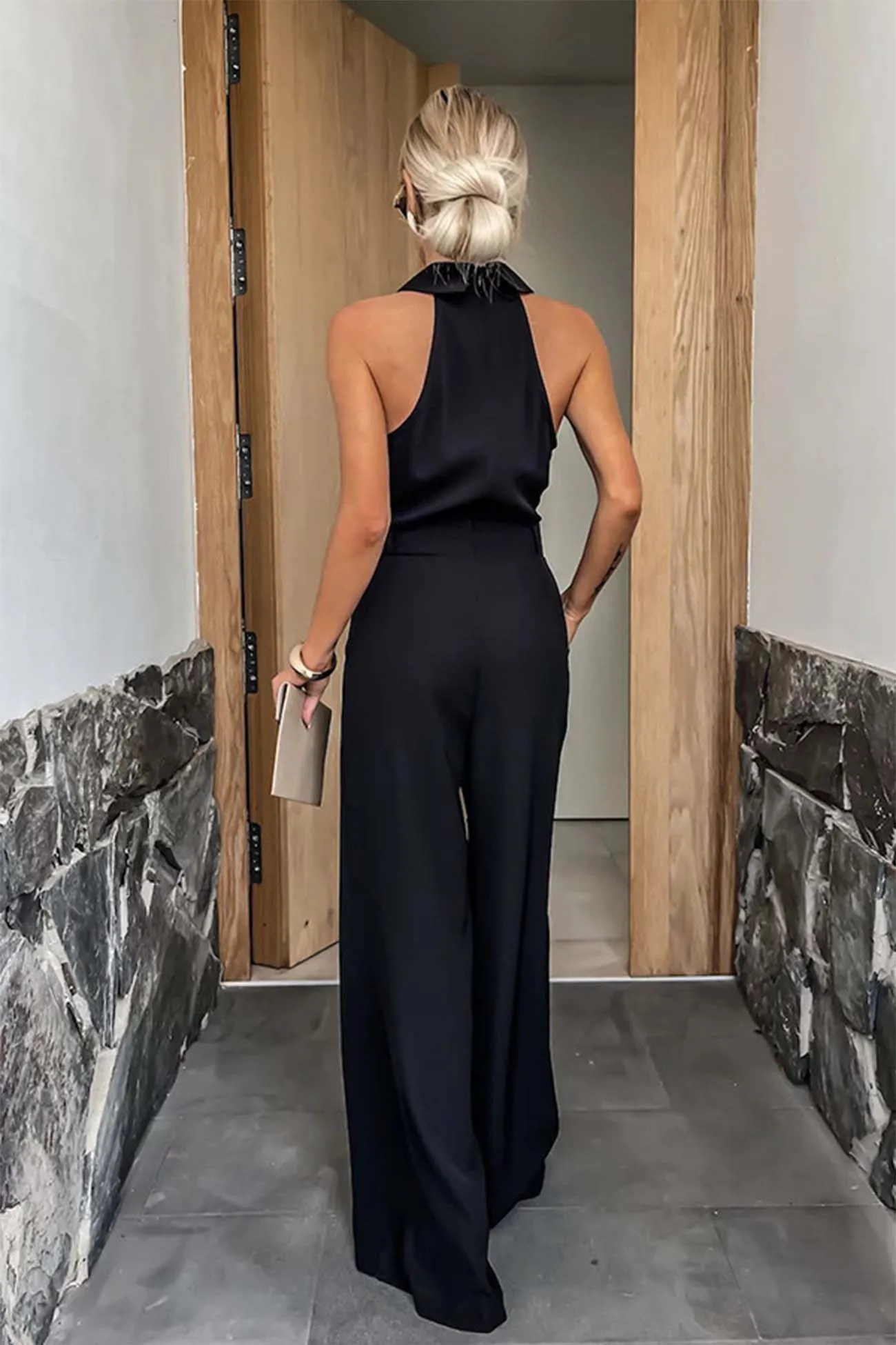 Lapel Halterneck Wide Leg Jumpsuits