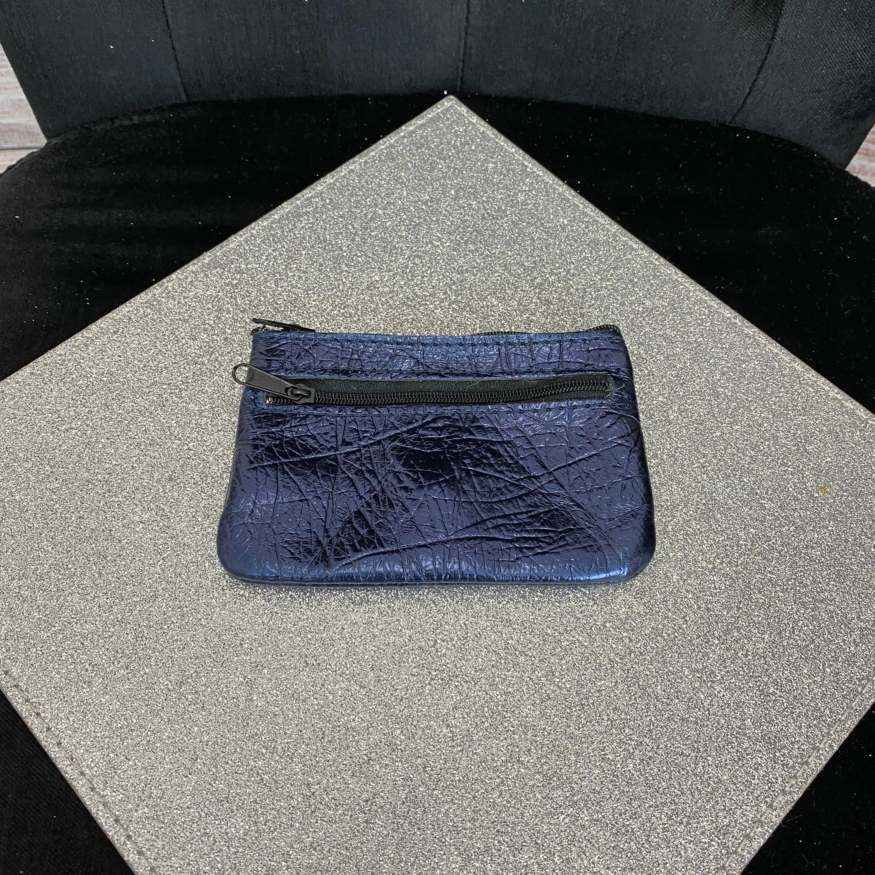 Leather Coin Purse - Crushed Leather - Metallic Navy