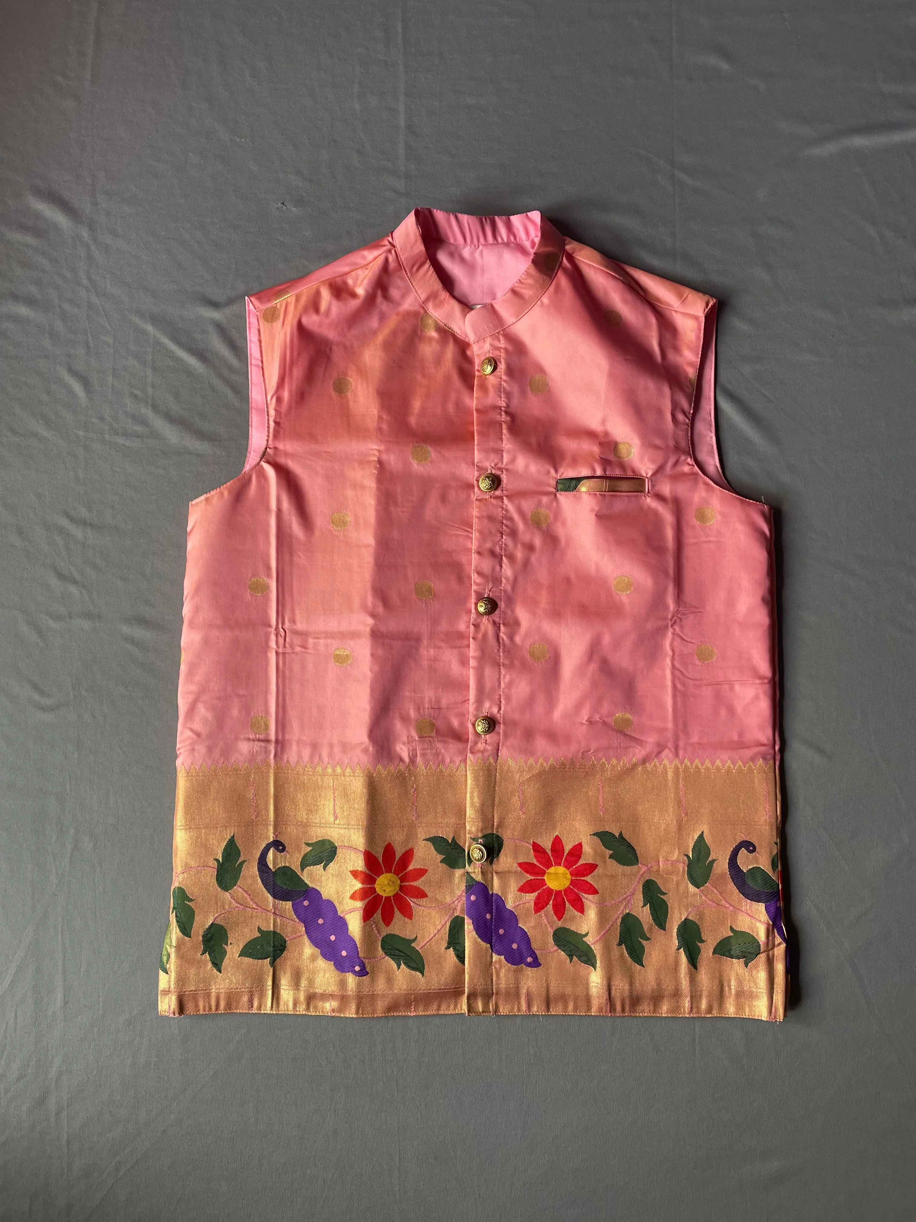 Men’s premium paithani jacket with peacock border - peach