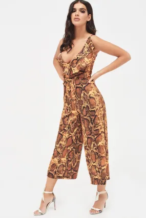 NORA Satin Frill Wrap Culotte Jumpsuit in Golden Yellow Snake Print