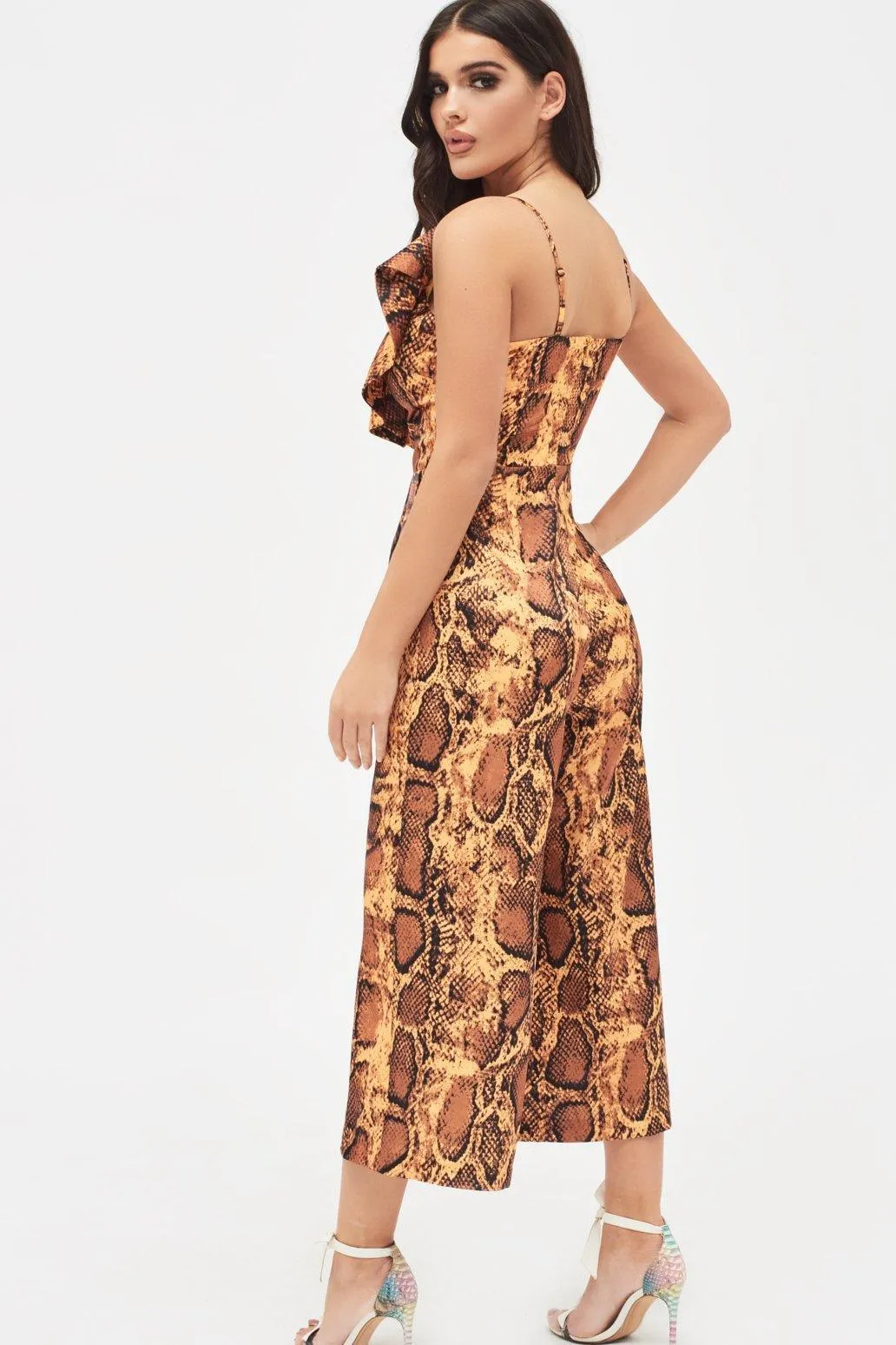 NORA Satin Frill Wrap Culotte Jumpsuit in Golden Yellow Snake Print