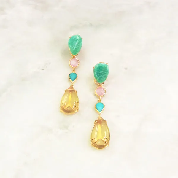 Peruvian Opal Stud with Kunzite, Amazonite & Lemon Quartz Twinset Earrings