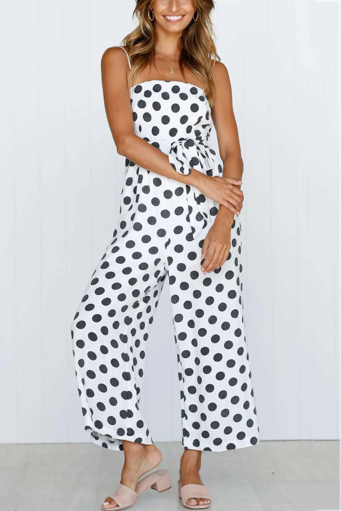 Polka Dots Tie-waist Cami Jumpsuits