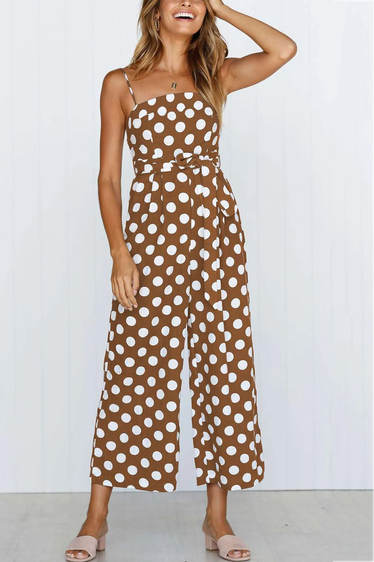 Polka Dots Tie-waist Cami Jumpsuits