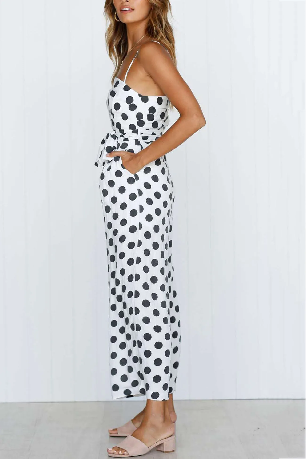 Polka Dots Tie-waist Cami Jumpsuits