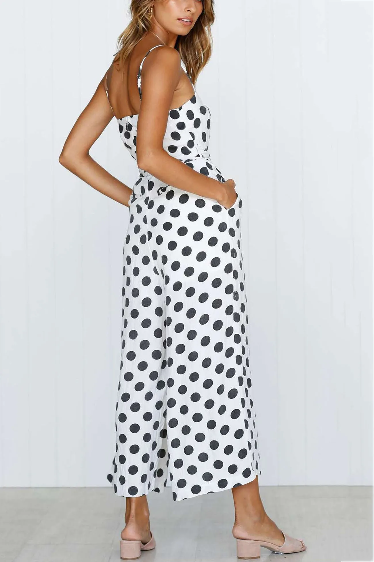 Polka Dots Tie-waist Cami Jumpsuits