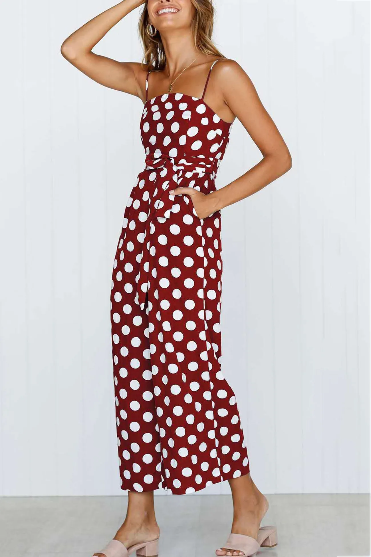 Polka Dots Tie-waist Cami Jumpsuits