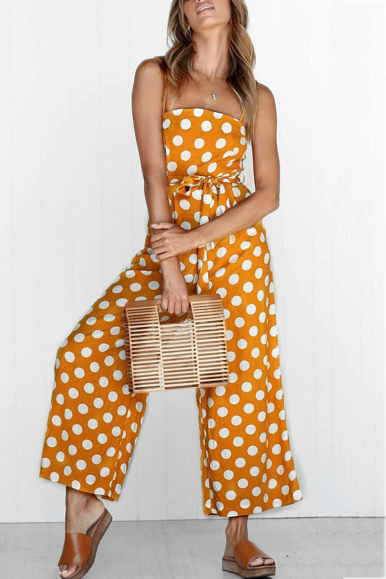 Polka Dots Tie-waist Cami Jumpsuits