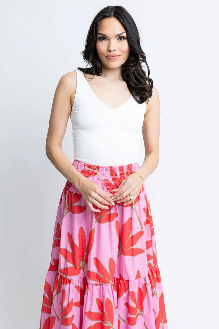 Poplin Palm Floral Smock Waist Skirt