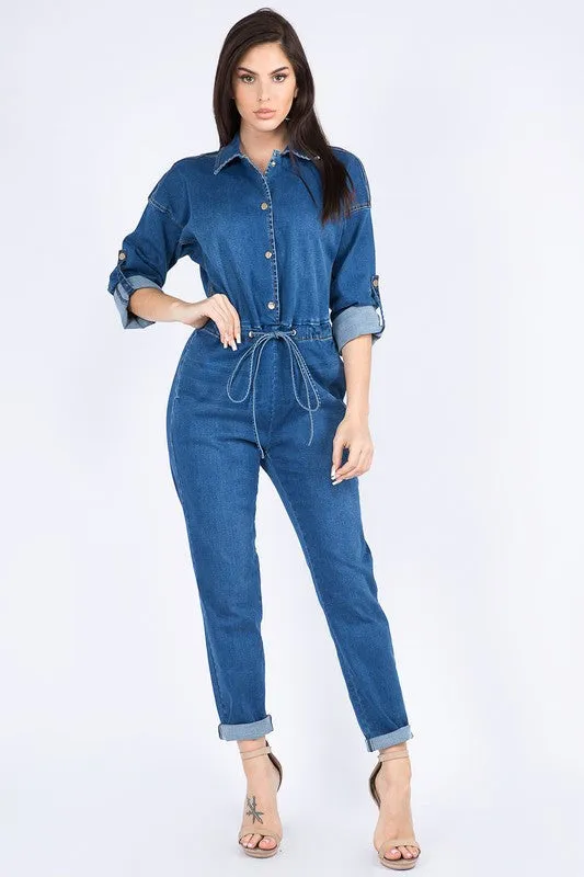 Roll up Chain Back Denim Jumpsuits