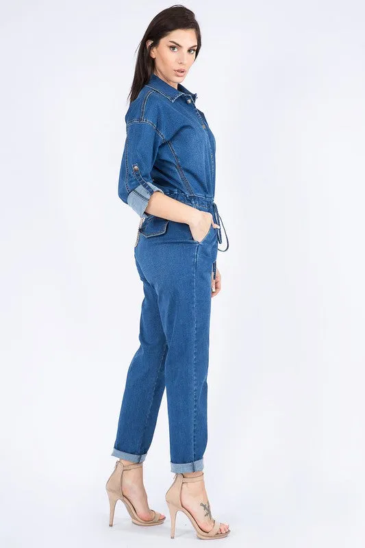 Roll up Chain Back Denim Jumpsuits