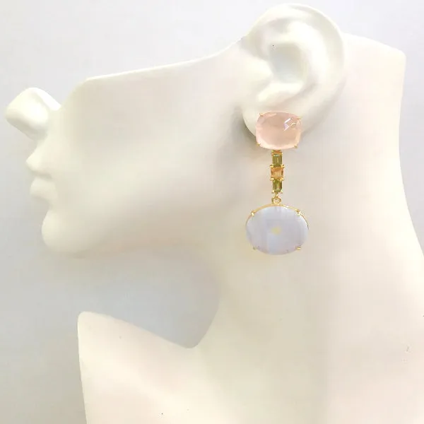 Rose Quartz Stud with Peridot, Citrine and Blue Lace Agate Detachable Twinset Earrings