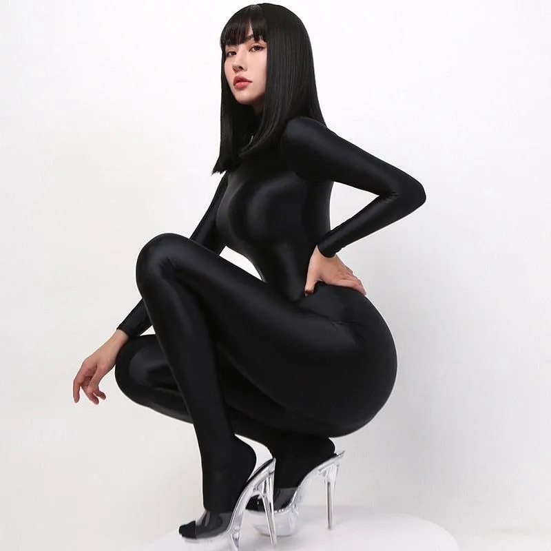 Satin Long Sleeve Bodysuit Full Length One-piece