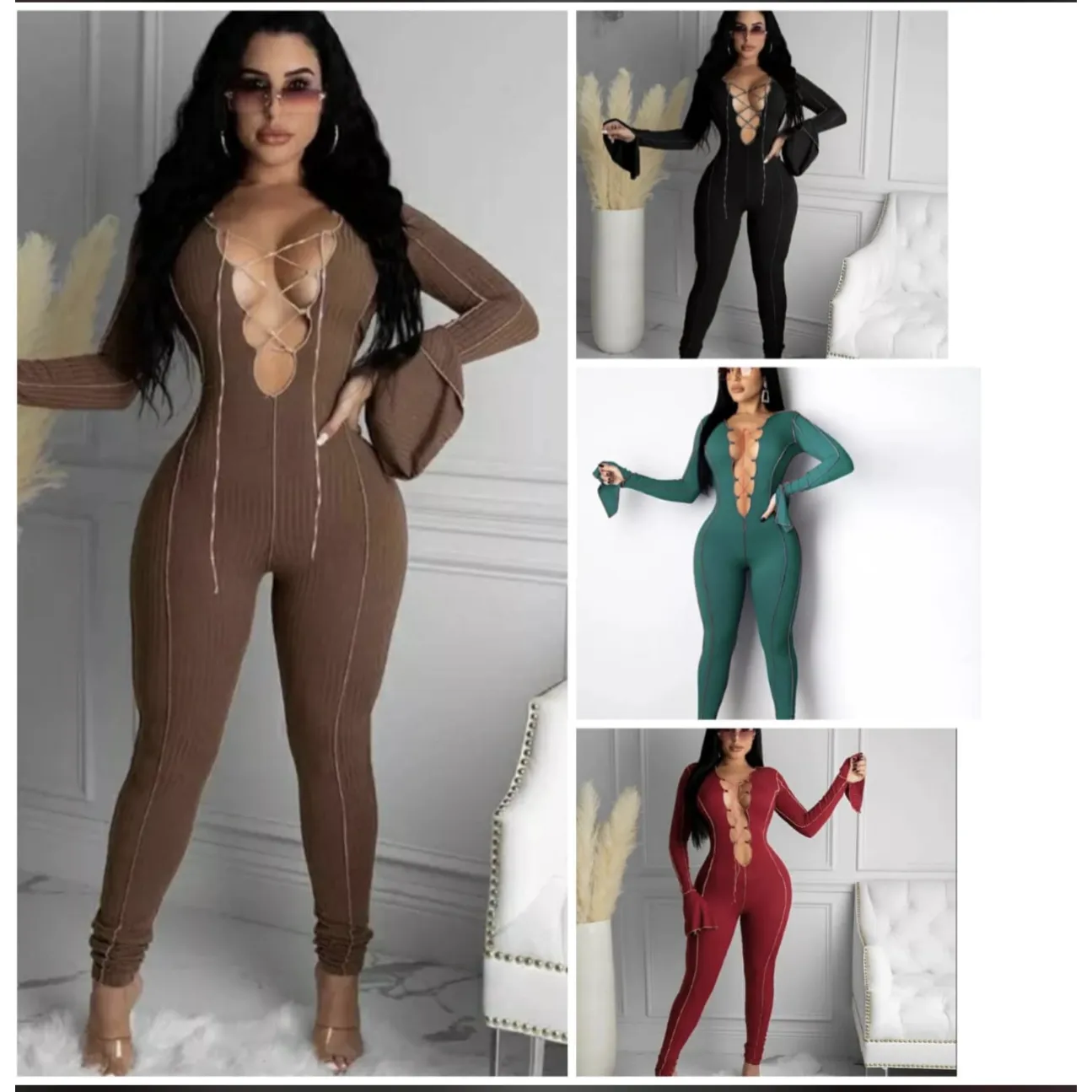 Sexy Lace Up V-neck Flared Sleeves Jumpsuits