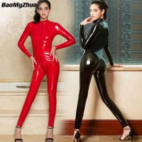 Shiny PVC Jumpsuits Long Sleeve Zipper Body Suit