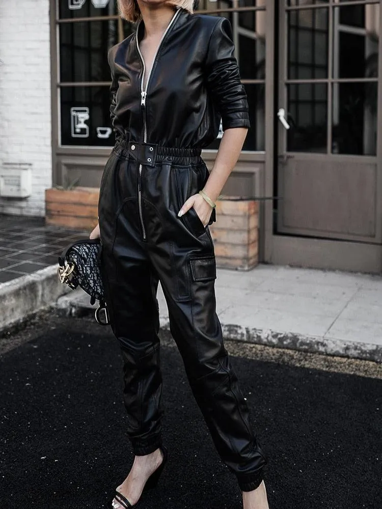 Soft Faux Leather Cargo Jumpsuit Long Sleeve Zipper