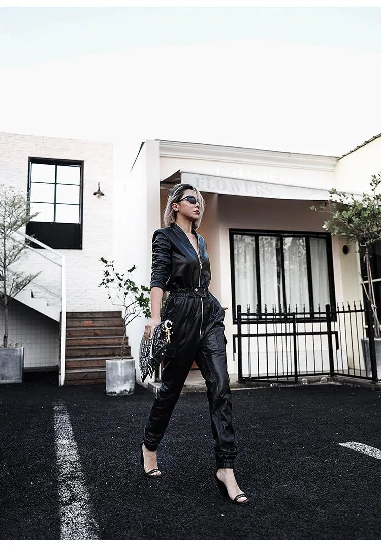 Soft Faux Leather Cargo Jumpsuit Long Sleeve Zipper