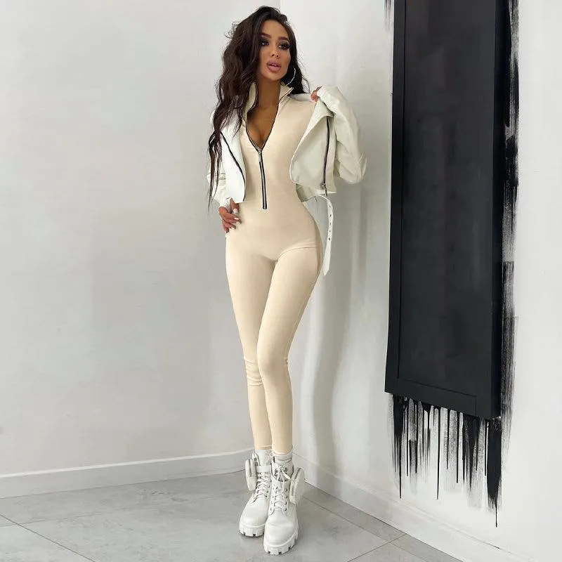 Solid Long Sleeve Zipper Jumpsuit