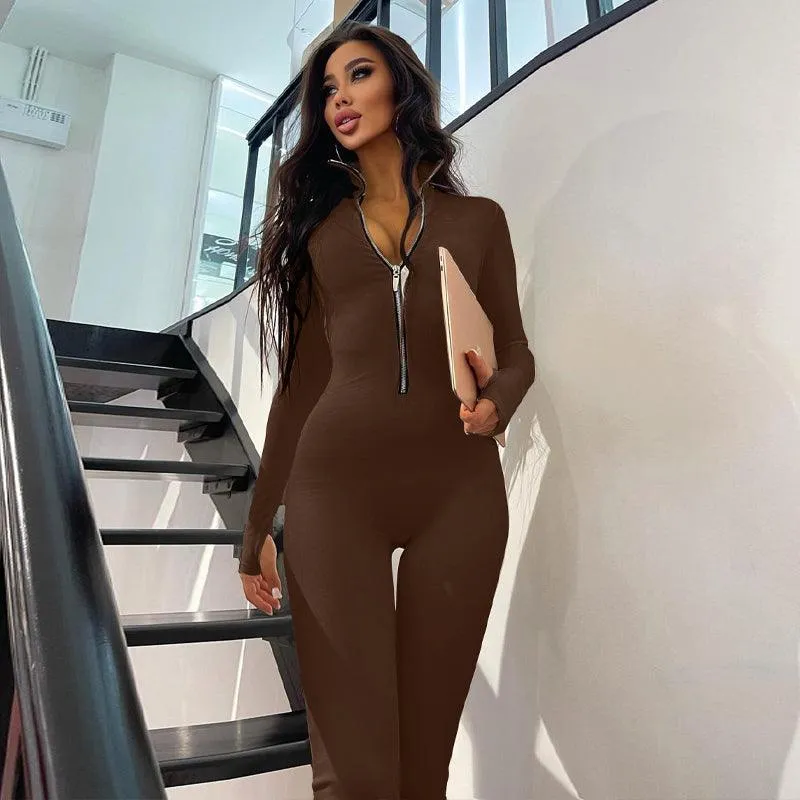 Solid Long Sleeve Zipper Jumpsuit