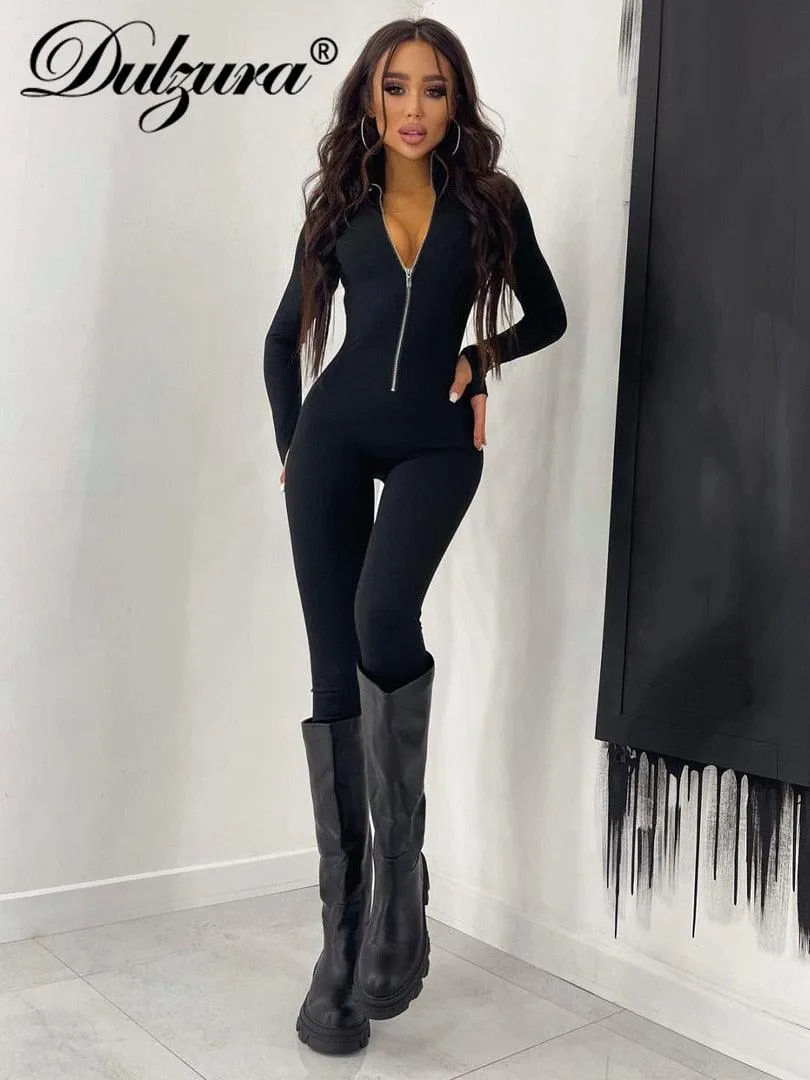 Solid Long Sleeve Zipper Jumpsuit