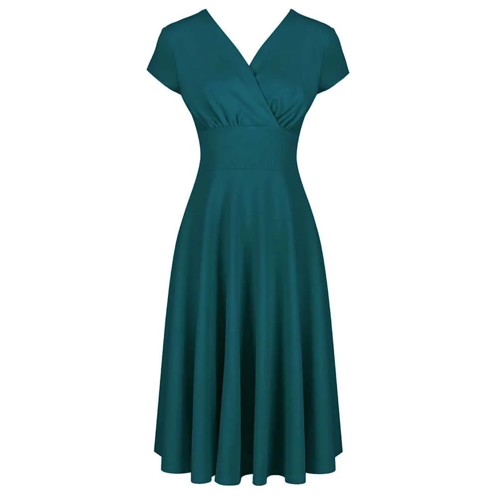 Teal Green Crossover Top Cap Sleeve Vintage A Line Swing Tea Dress