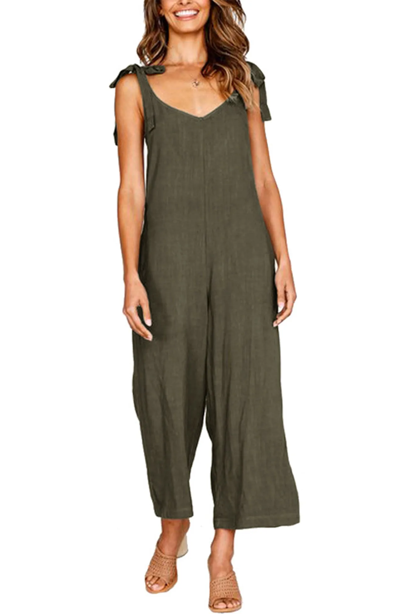 Tie-straps Backless Pocketed Cotton Jumpsuits