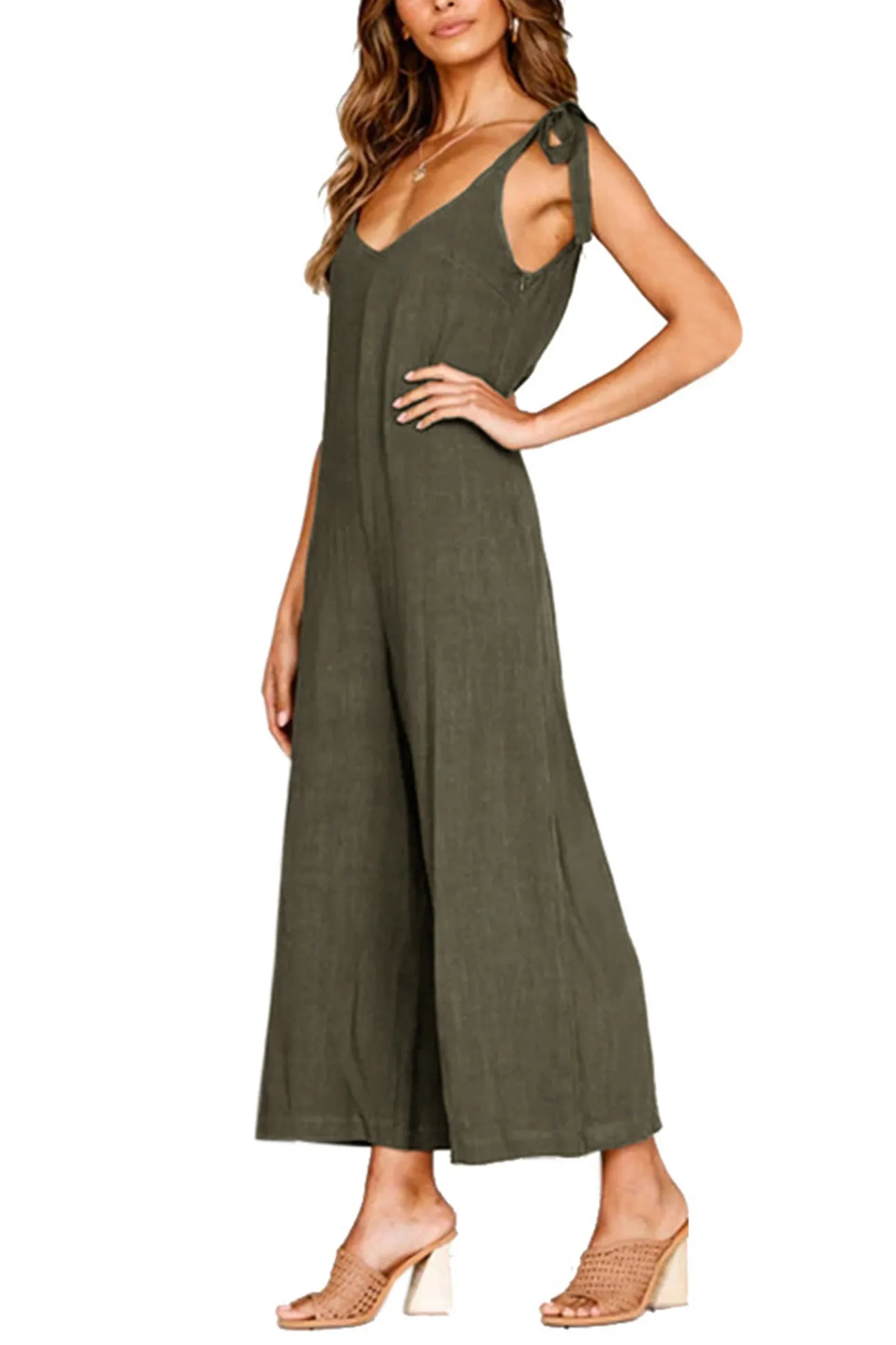 Tie-straps Backless Pocketed Cotton Jumpsuits